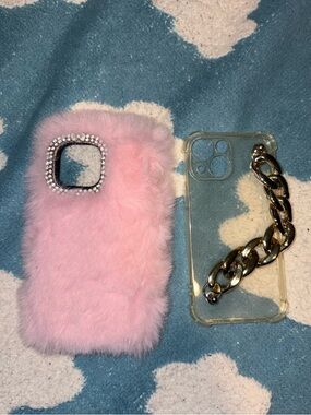 iPhone 13 Mini Pink Faux Fur Rhinestone Case & Clear Chain-Handle Case